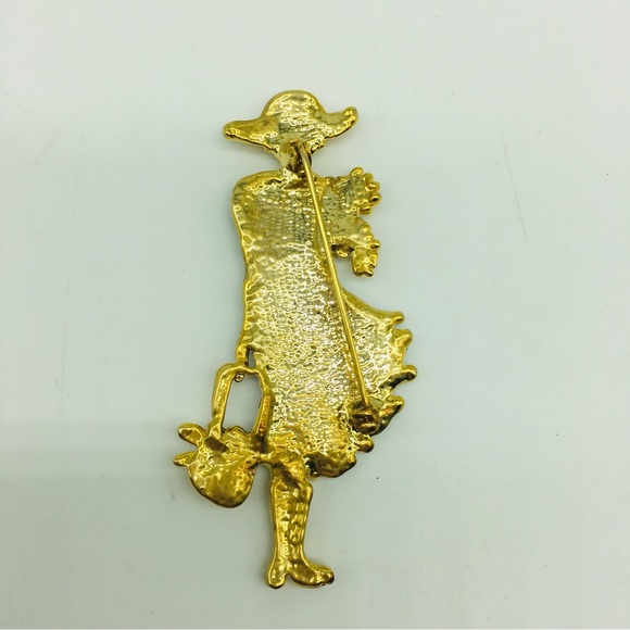 Vintage Gold Tone Fashionista Lady Woman with Dog Rhinestone pin brooch - Picture 5 of 6